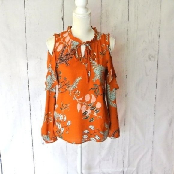 Japna Orange‎ Brown  Floral Blouse Cold Shoulder S - Picture 4 of 9